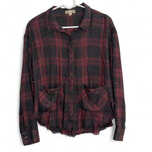 Cloth & Stone Red and Gray Distressed Cropped Flannel with Big Pockets Raw Hem